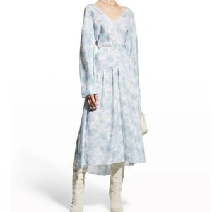 NEW Vince blue floral ruffle tiered kimono sleeve open back midi dress size L